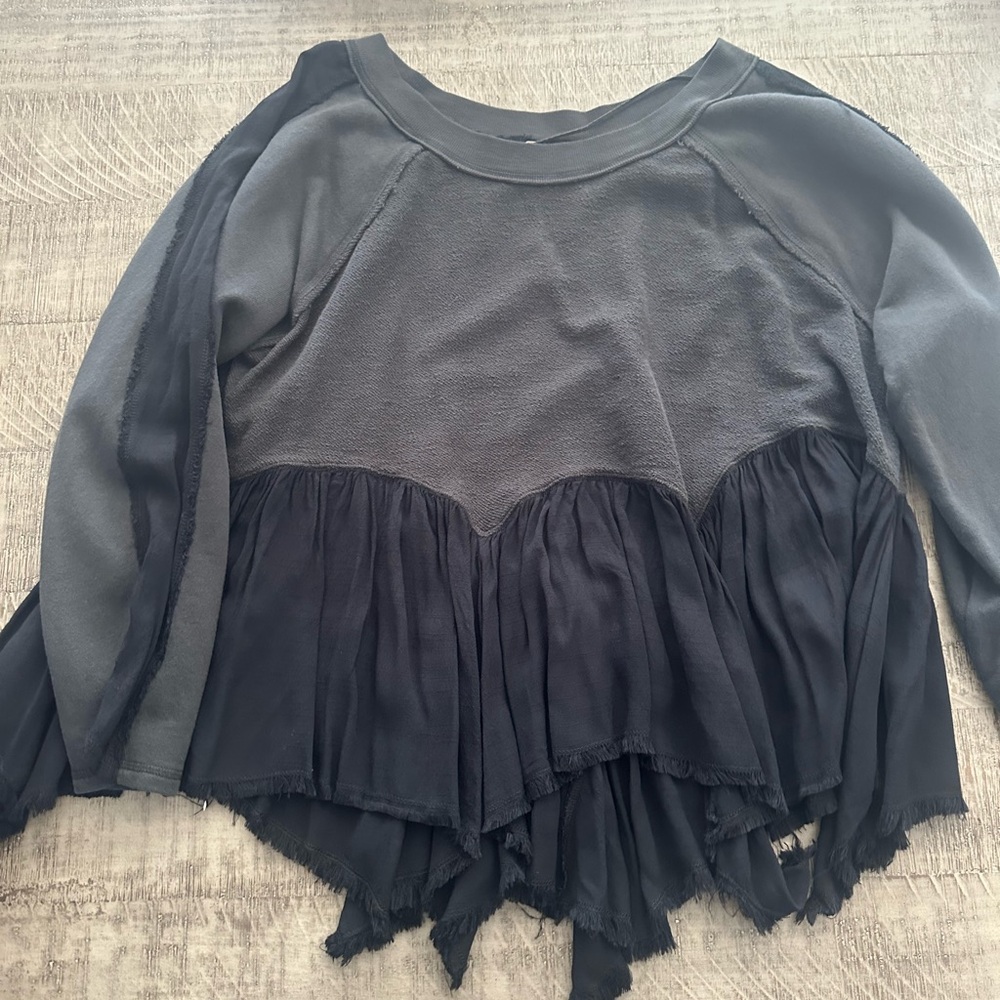 Free People Black and Gray Ruffled Blouse
